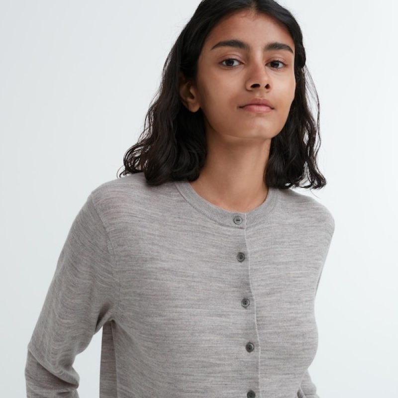 Uniqlo Extra Fine Merino Crew Neck Ženske Kardigan Sive | 7214-EYIQV