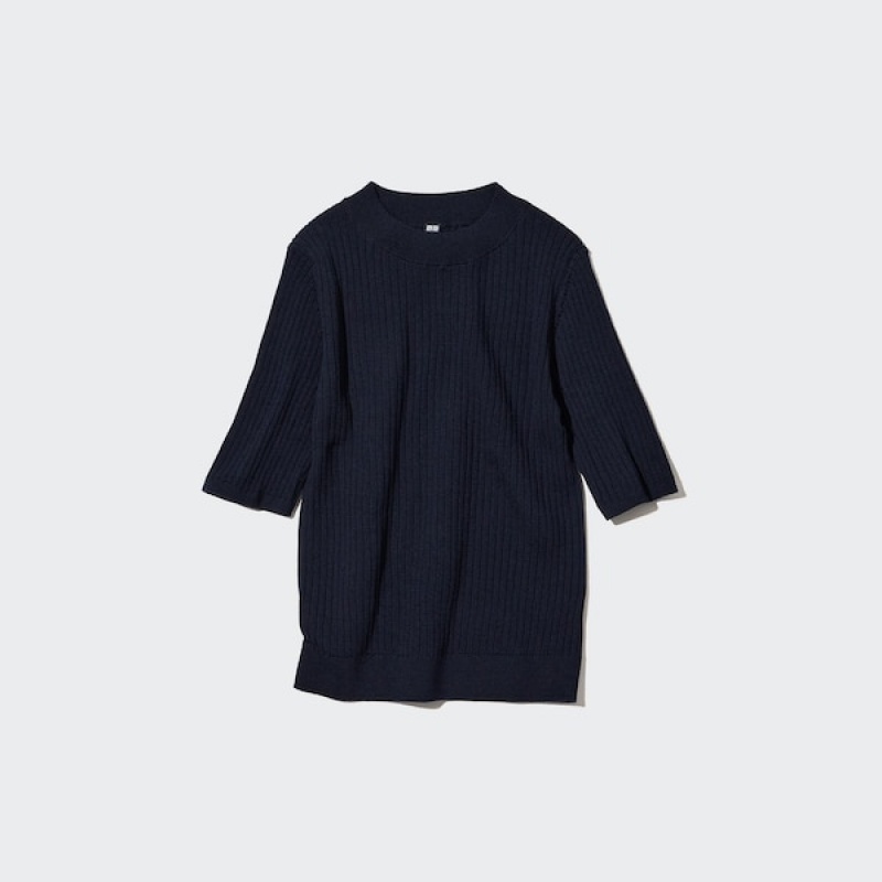 Uniqlo Extra Fine Merino Rebrasti Half-Sleeve Short Ženske Džemperi Tamnoplave | 3269-VSYKN