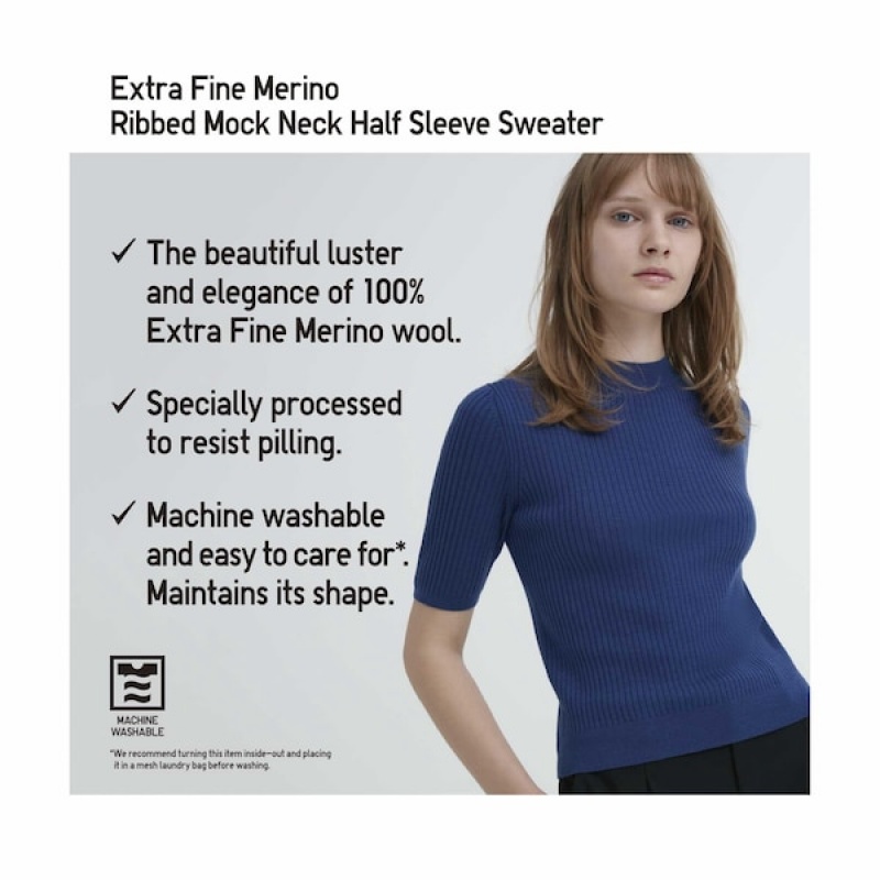 Uniqlo Extra Fine Merino Rebrasti Mock Neck Half-Sleeve Ženske Džemperi Plave | 6824-APWZM
