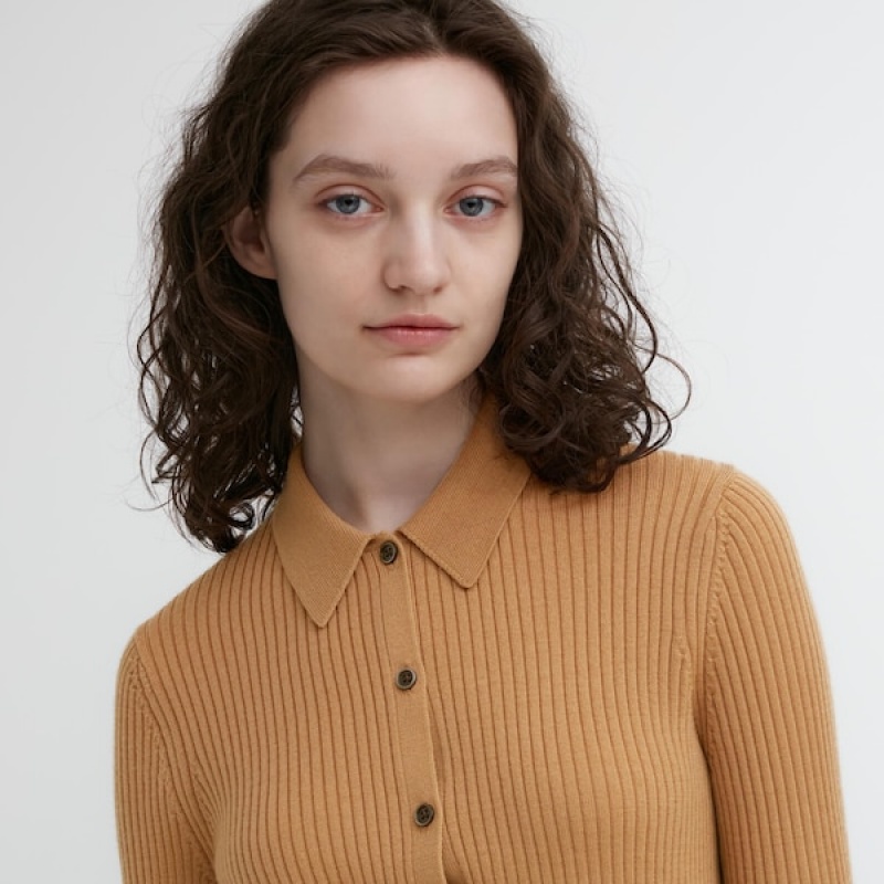 Uniqlo Extra Fine Merino Rebrasti Polo Ženske Kardigan Smeđe | 3507-MUVPN