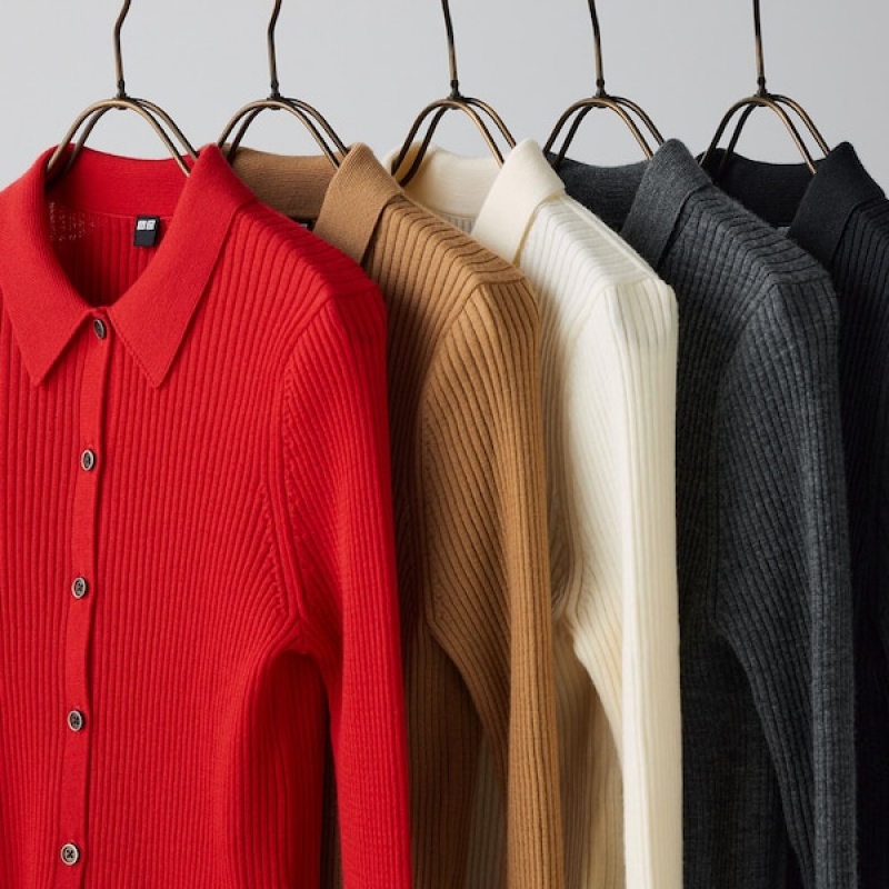 Uniqlo Extra Fine Merino Rebrasti Polo Ženske Kardigan Smeđe | 3507-MUVPN