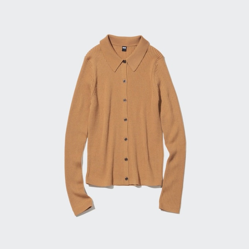 Uniqlo Extra Fine Merino Rebrasti Polo Ženske Kardigan Smeđe | 3507-MUVPN