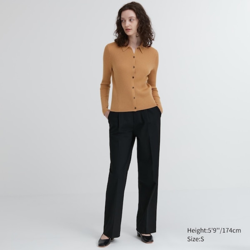 Uniqlo Extra Fine Merino Rebrasti Polo Ženske Kardigan Smeđe | 3507-MUVPN