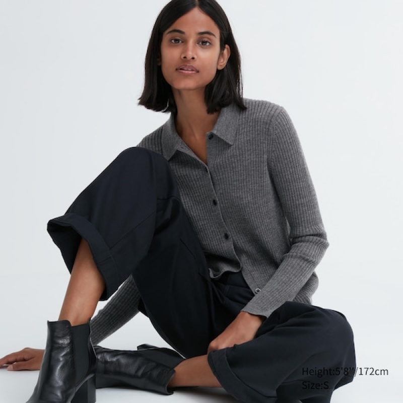 Uniqlo Extra Fine Merino Rebrasti Polo Ženske Kardigan Sive | 1384-TIBUW