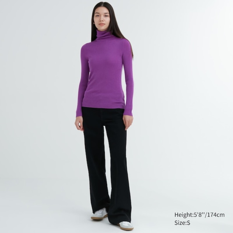 Uniqlo Extra Fine Merino Rebrasti Turtleneck Long-Sleeve Ženske Džemperi Ljubičaste | 6532-KYDLN