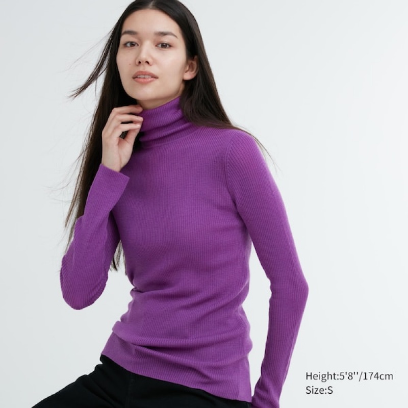 Uniqlo Extra Fine Merino Rebrasti Turtleneck Long-Sleeve Ženske Džemperi Ljubičaste | 6532-KYDLN