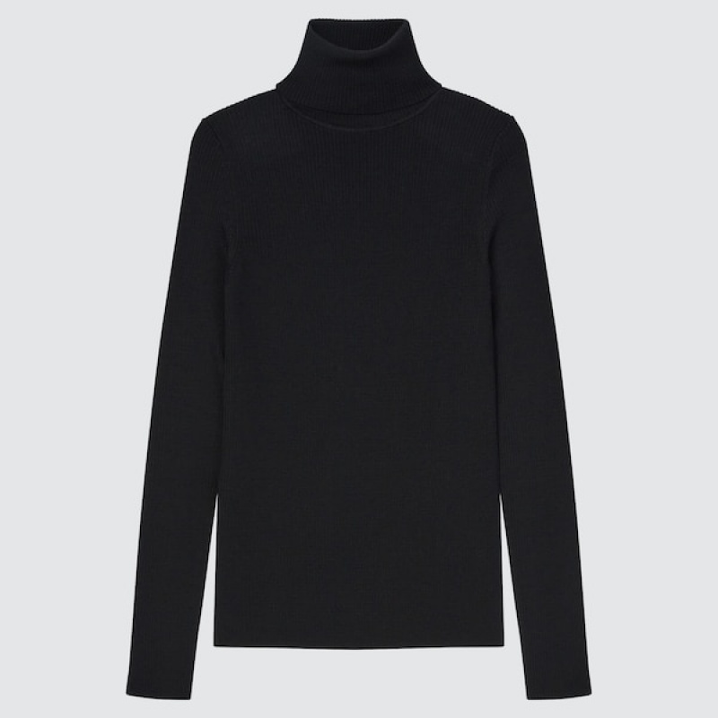 Uniqlo Extra Fine Merino Rebrasti Turtleneck Long-Sleeve Ženske Džemperi Crne | 0645-FPIAW