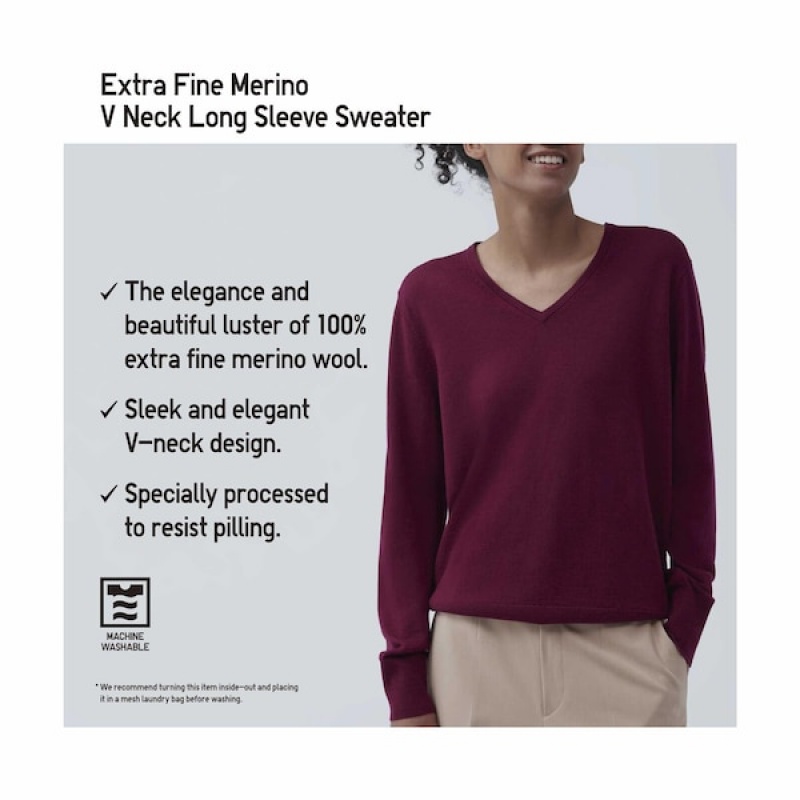 Uniqlo Extra Fine Merino V-Neck Long-Sleeve Ženske Džemperi Bordo | 0521-VZYAK
