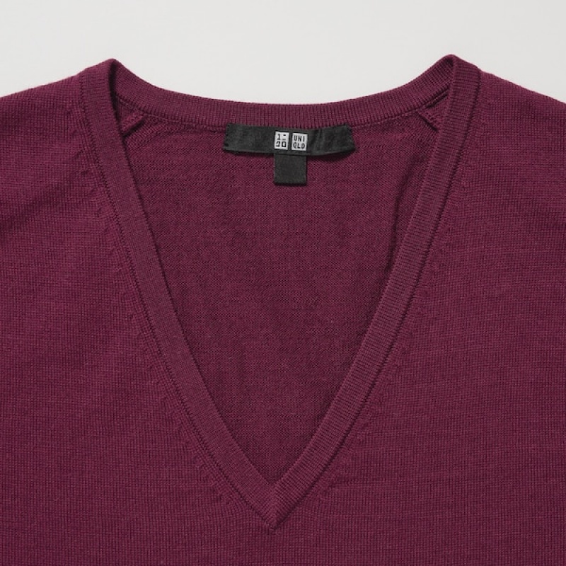 Uniqlo Extra Fine Merino V-Neck Long-Sleeve Ženske Džemperi Bordo | 0521-VZYAK