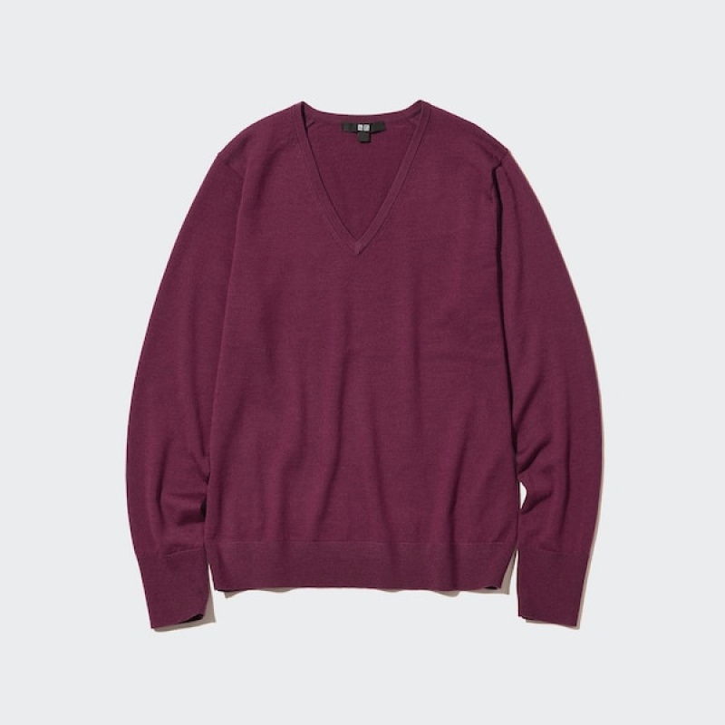 Uniqlo Extra Fine Merino V-Neck Long-Sleeve Ženske Džemperi Bordo | 0521-VZYAK