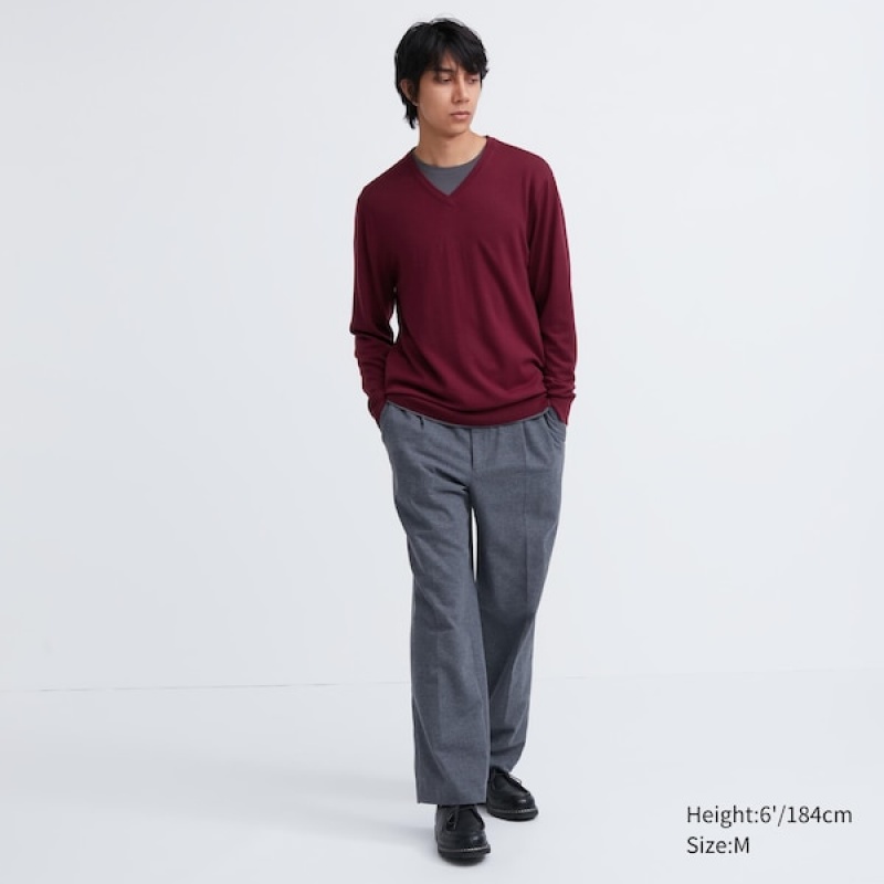Uniqlo Extra Fine Merino V-Neck Muške Džemperi Bordo | 3608-YIHJV