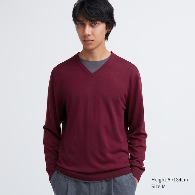 Uniqlo Extra Fine Merino V-Neck Muške Džemperi Bordo | 3608-YIHJV