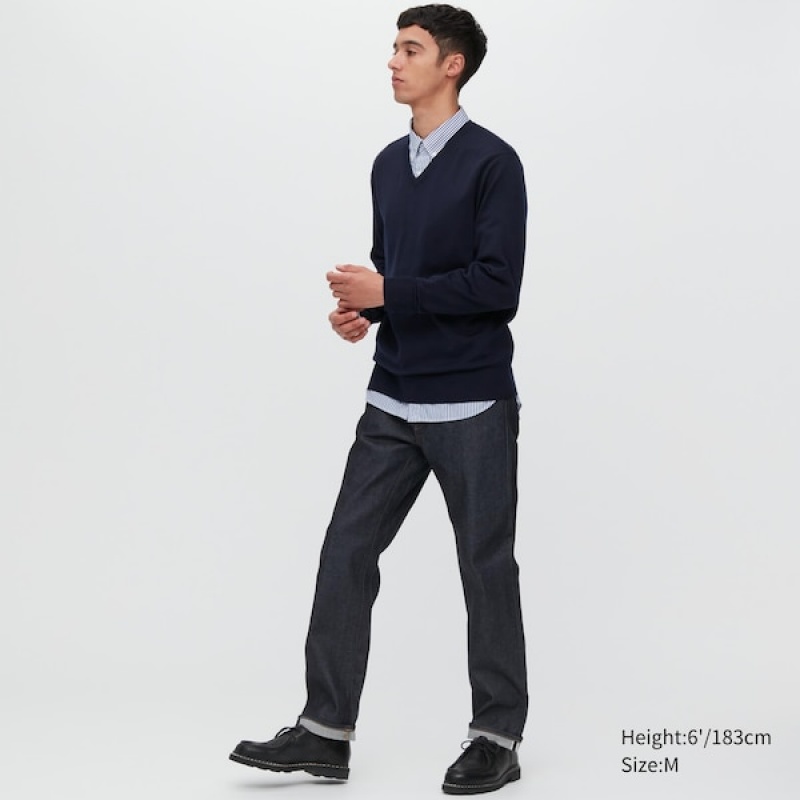 Uniqlo Extra Fine Merino V-Neck Muške Džemperi Tamnoplave | 8045-QAZTX