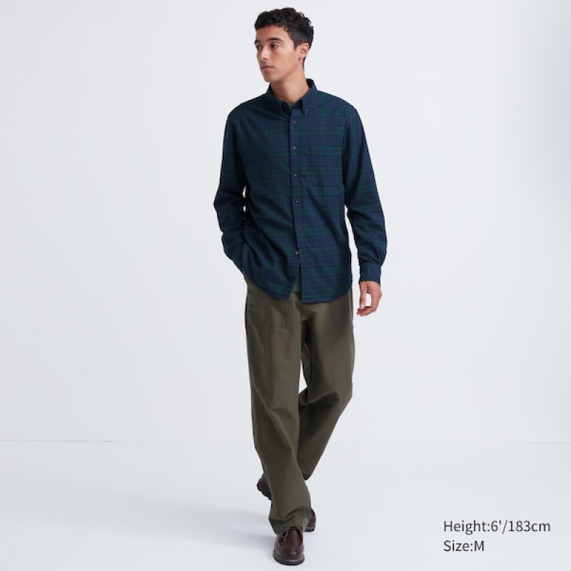 Uniqlo Flannel Checked Long-Sleeve Muške Košulje Tamno Zelene | 6102-ZAVJS