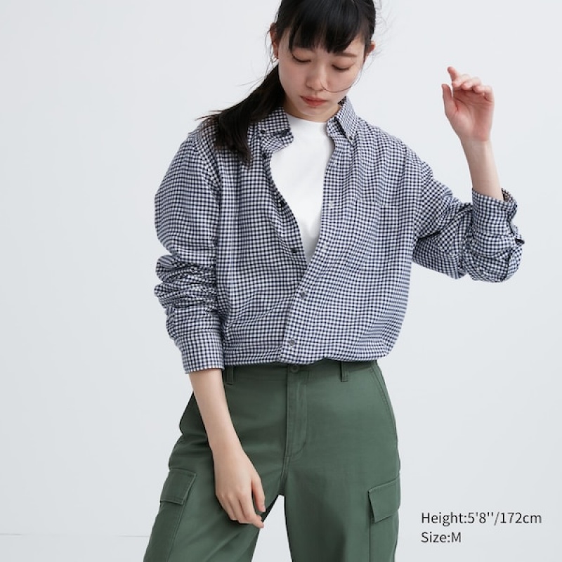 Uniqlo Flannel Checked Long-Sleeve Ženske Košulje Plave | 5927-WETOX