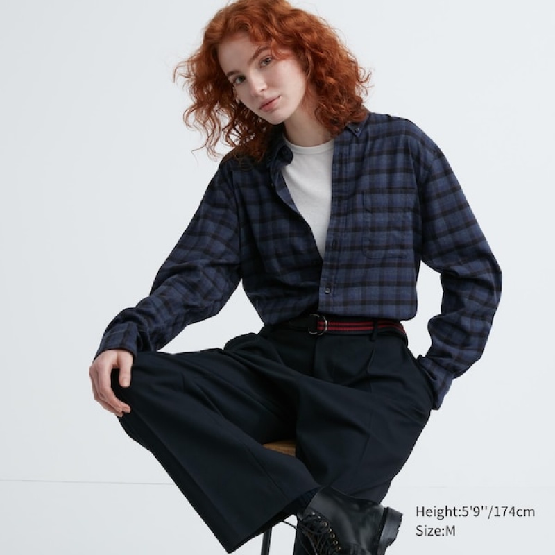 Uniqlo Flannel Checked Long-Sleeve Ženske Košulje Plave | 4052-RXUBS
