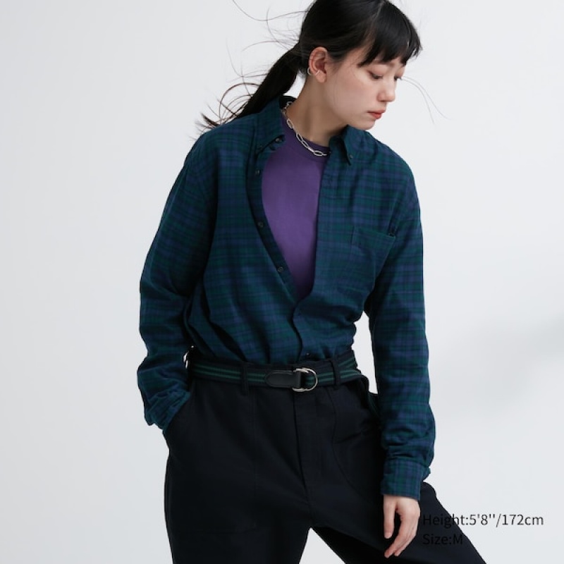 Uniqlo Flannel Checked Long-Sleeve Ženske Košulje Tamno Zelene | 8604-PFTGU