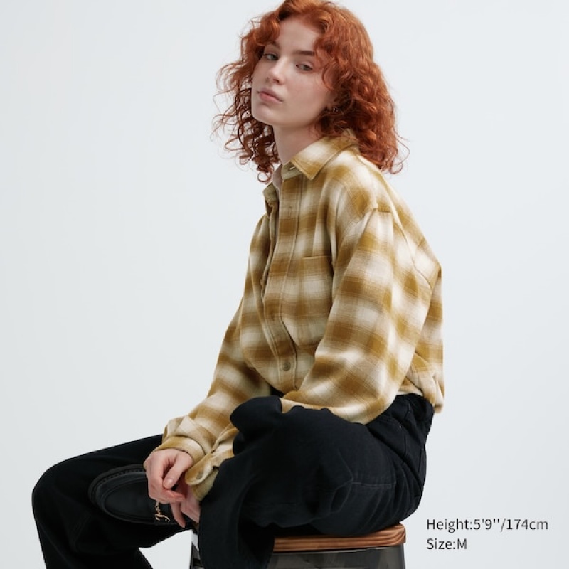 Uniqlo Flannel Checked Long-Sleeve Ženske Košulje Žute | 6287-ZVQTF