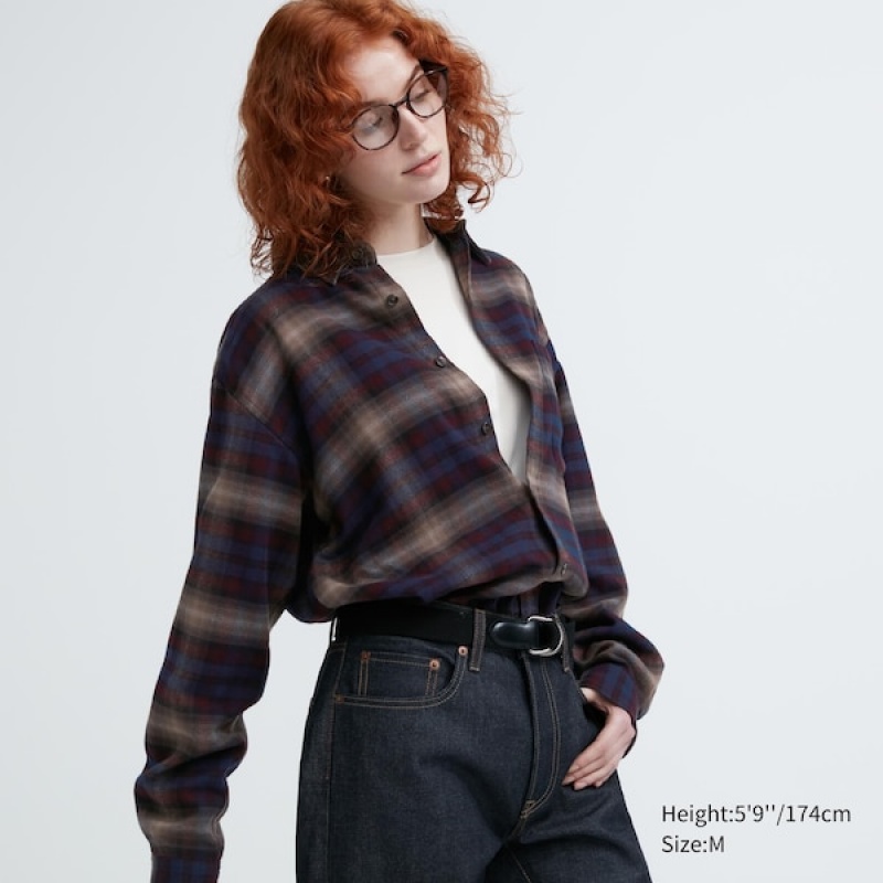 Uniqlo Flannel Checked Long-Sleeve Ženske Košulje Bordo | 0851-ALVOX