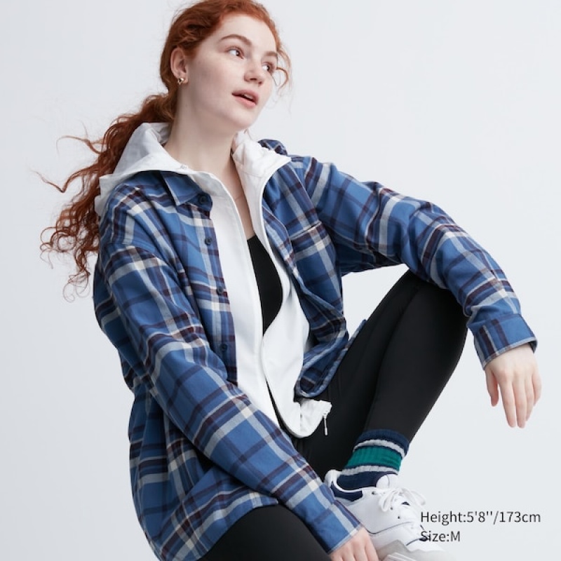 Uniqlo Flannel Checked Long-Sleeve Ženske Košulje Plave | 4792-VIJRU