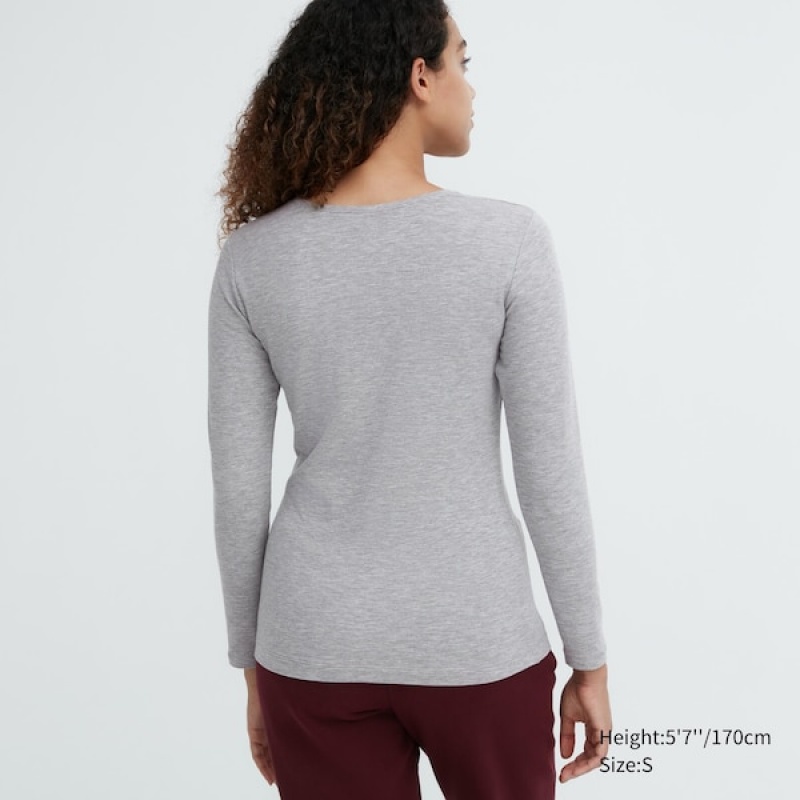 Uniqlo HEATTECH Cotton Crew Neck Long-Sleeve Ženske Majice Tamno Sive | 3724-ZMQNS
