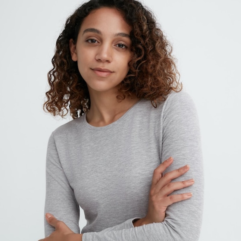 Uniqlo HEATTECH Cotton Crew Neck Long-Sleeve Ženske Majice Tamno Sive | 3724-ZMQNS