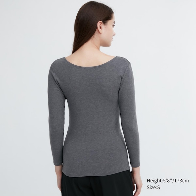 Uniqlo HEATTECH Cotton Scoop Neck Long-Sleeve Ženske Majice Tamno Sive | 0792-XGZRN