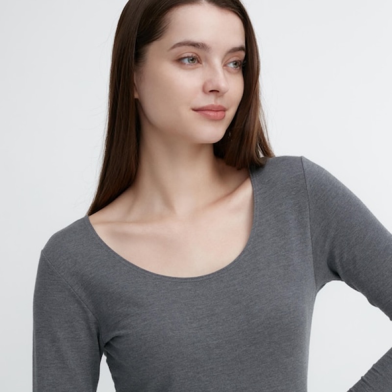 Uniqlo HEATTECH Cotton Scoop Neck Long-Sleeve Ženske Majice Tamno Sive | 0792-XGZRN