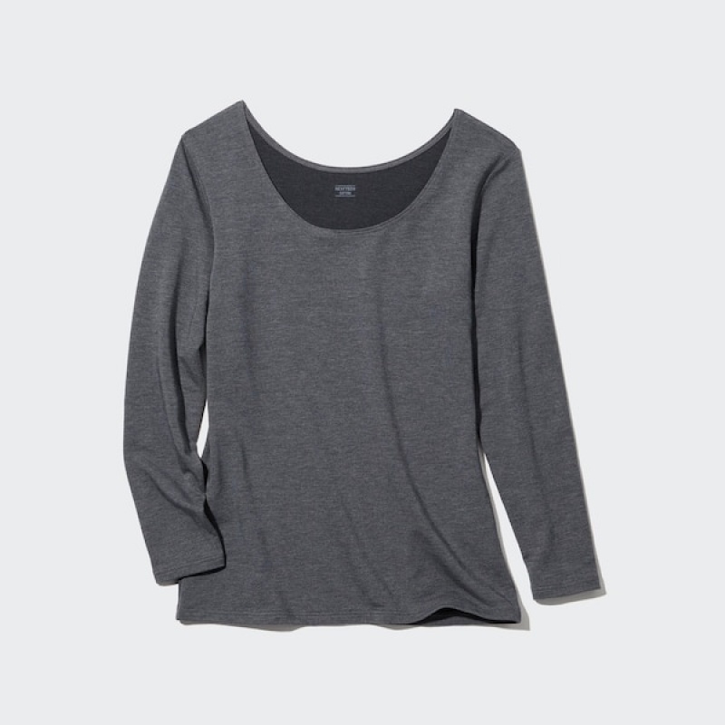 Uniqlo HEATTECH Cotton Scoop Neck Long-Sleeve Ženske Majice Tamno Sive | 0792-XGZRN