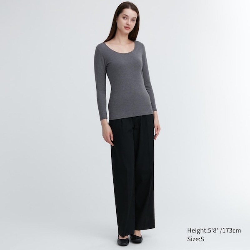 Uniqlo HEATTECH Cotton Scoop Neck Long-Sleeve Ženske Majice Tamno Sive | 0792-XGZRN