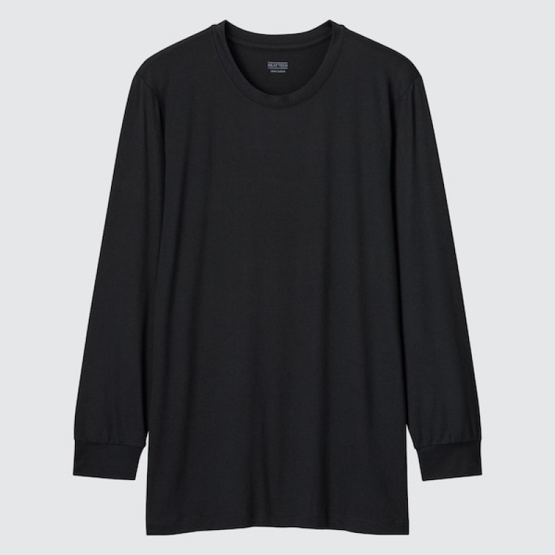 Uniqlo HEATTECH Crew Neck Long-Sleeve Muške Majice Crne | 3509-QIMLJ