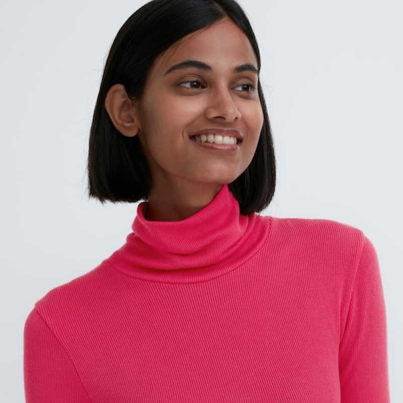 Uniqlo HEATTECH Extra Warm Seamless Rebrasti Turtleneck Long-Sleeve Ženske Majice Fuksije | 8762-ZXSEY