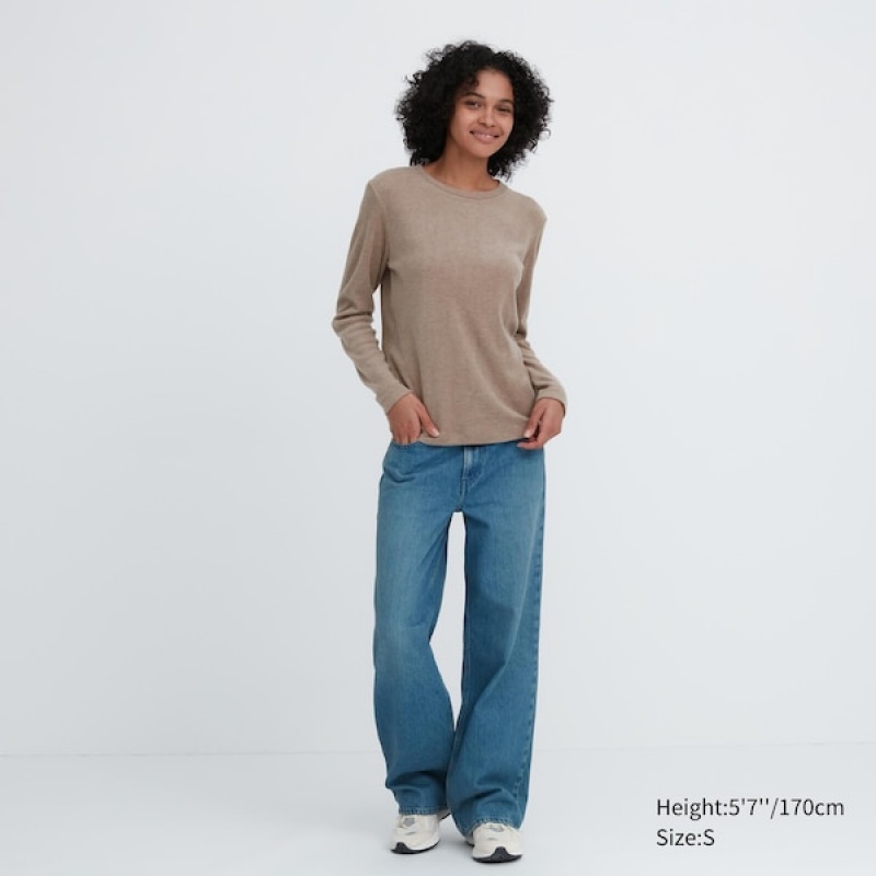 Uniqlo HEATTECH Fleece Crew Neck Long-Sleeve Ženske Majice Boje Marelice | 2850-GEHQI