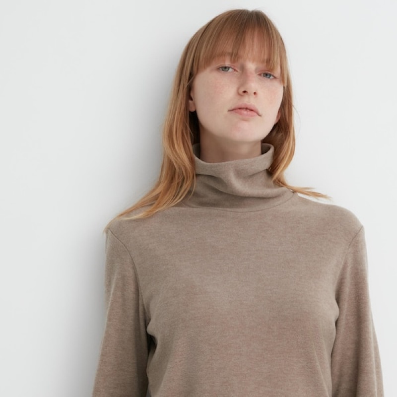 Uniqlo HEATTECH Fleece Turtleneck Long-Sleeve Ženske Majice Bež | 5863-FVDWL