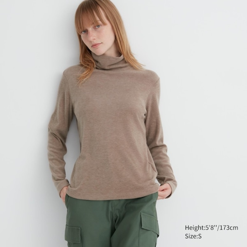 Uniqlo HEATTECH Fleece Turtleneck Long-Sleeve Ženske Majice Bež | 5863-FVDWL
