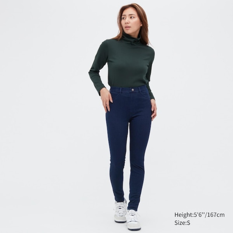 Uniqlo HEATTECH Ultra Stretch High-Rise Denim Leggings Ženske Hlače Plave | 1574-DSKMJ