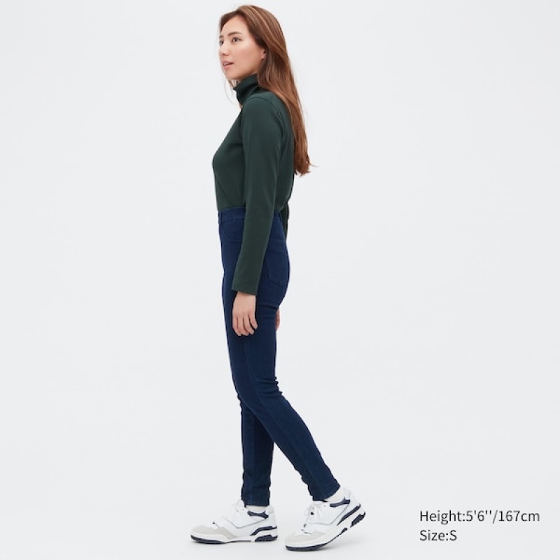 Uniqlo HEATTECH Ultra Stretch High-Rise Denim Leggings Ženske Hlače Plave | 1574-DSKMJ