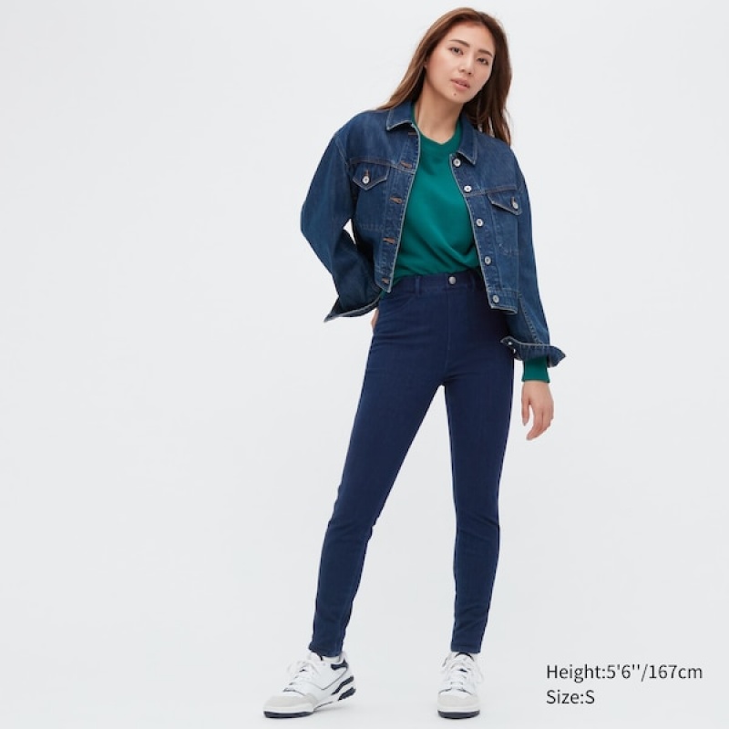 Uniqlo HEATTECH Ultra Stretch High-Rise Denim Leggings Ženske Hlače Plave | 1574-DSKMJ