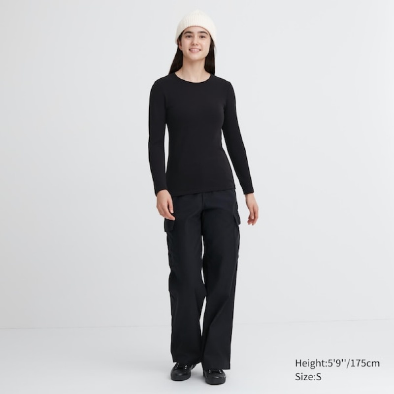 Uniqlo HEATTECH Ultra Warm Crew Neck Long-Sleeve Ženske Majice Crne | 9638-QOUXF