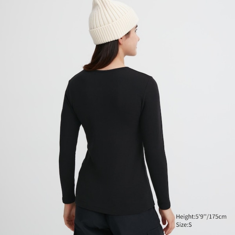 Uniqlo HEATTECH Ultra Warm Crew Neck Long-Sleeve Ženske Majice Crne | 9638-QOUXF