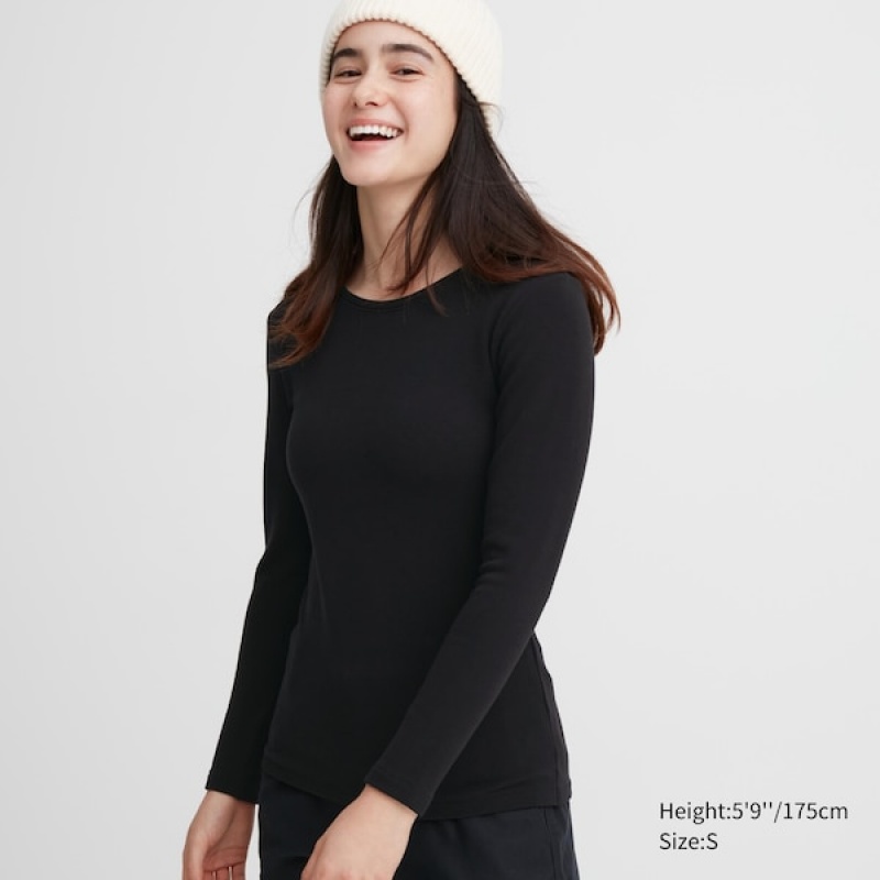 Uniqlo HEATTECH Ultra Warm Crew Neck Long-Sleeve Ženske Majice Crne | 9638-QOUXF
