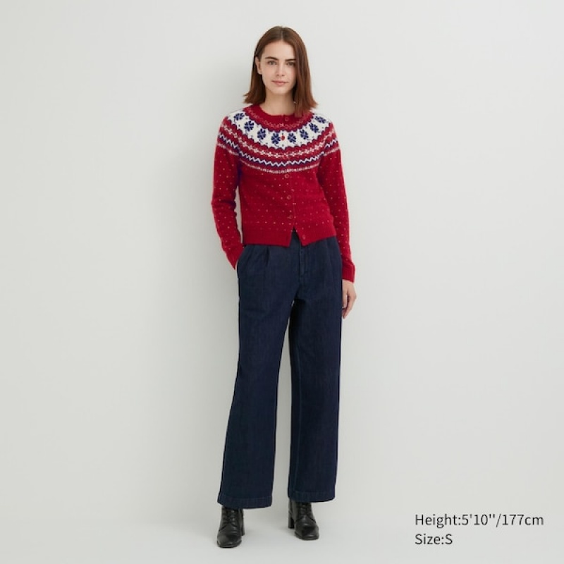 Uniqlo Jacquard Crew Neck Long-Sleeve Ženske Kardigan Crvene | 2048-KERLT