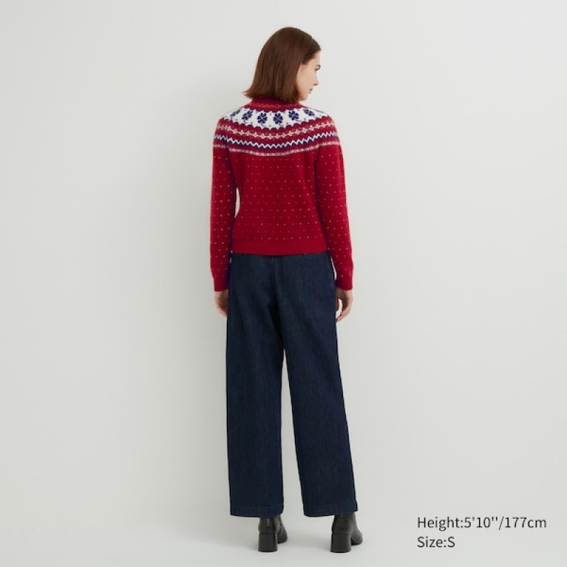 Uniqlo Jacquard Crew Neck Long-Sleeve Ženske Kardigan Crvene | 2048-KERLT