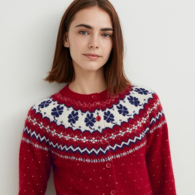 Uniqlo Jacquard Crew Neck Long-Sleeve Ženske Kardigan Crvene | 2048-KERLT