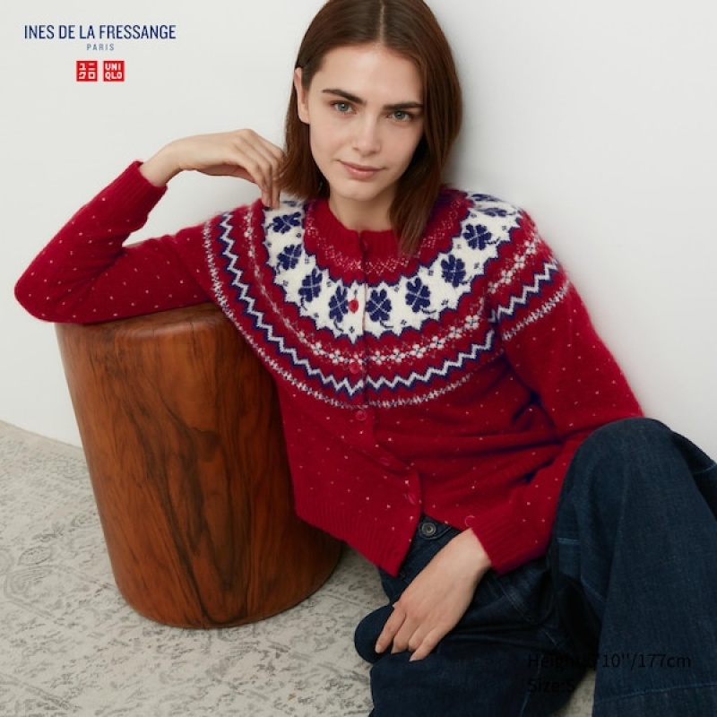 Uniqlo Jacquard Crew Neck Long-Sleeve Ženske Kardigan Crvene | 2048-KERLT