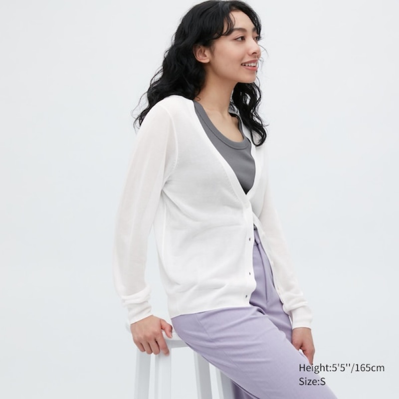 Uniqlo Light V-Neck Long-Sleeve Ženske Kardigan Bijele | 1382-GAFST