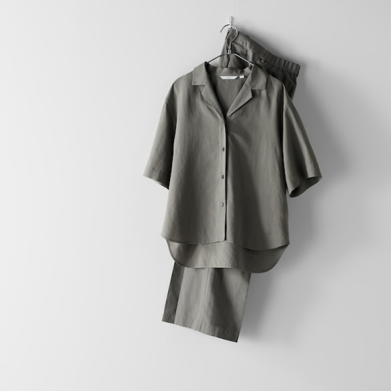 Uniqlo Linen Blend Open Collar Short-Sleeve Ženske Košulje Maslinasto Zelene | 5209-ASUNQ