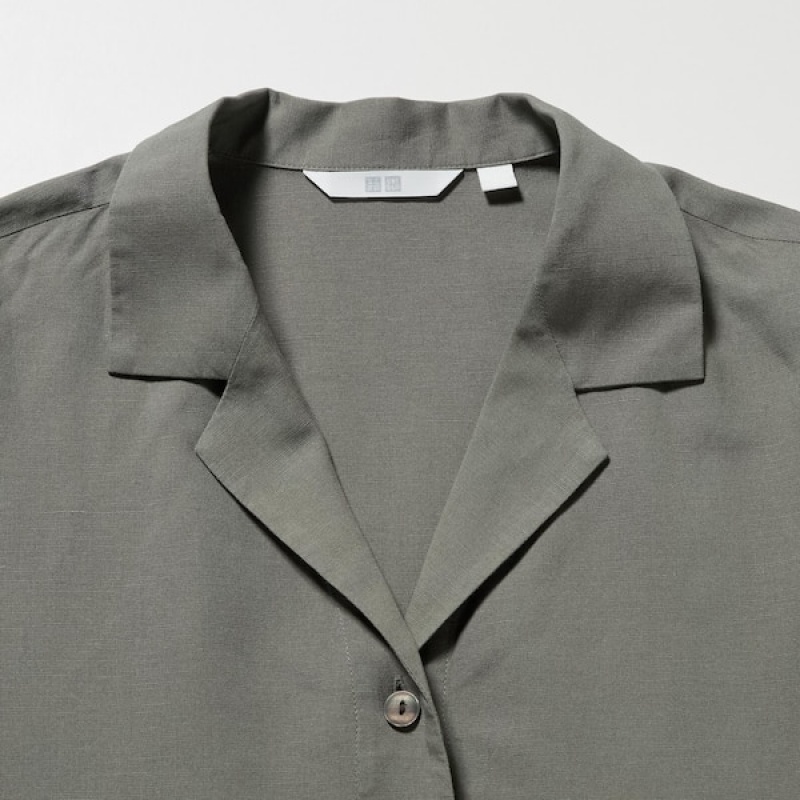 Uniqlo Linen Blend Open Collar Short-Sleeve Ženske Košulje Maslinasto Zelene | 5209-ASUNQ