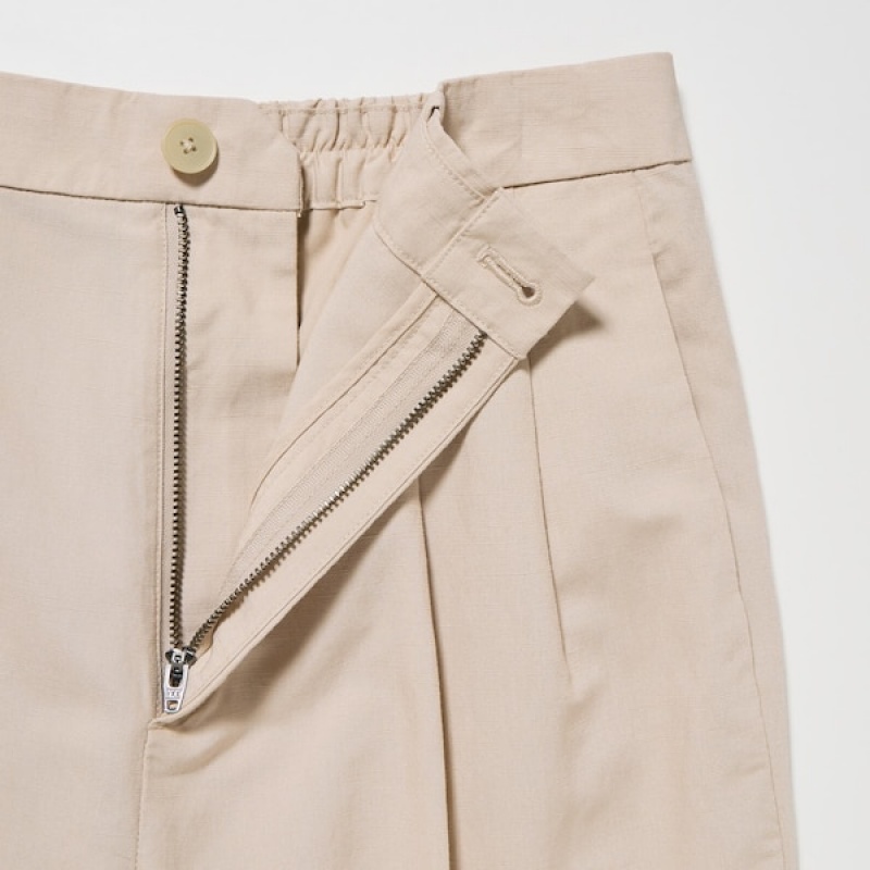 Uniqlo Linen Blend Tucked Wide Ženske Hlače Bež | 1860-RHKQJ