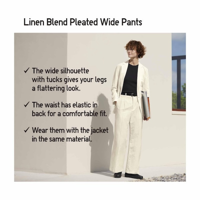 Uniqlo Linen Blend Tucked Wide Ženske Hlače Bež | 1860-RHKQJ
